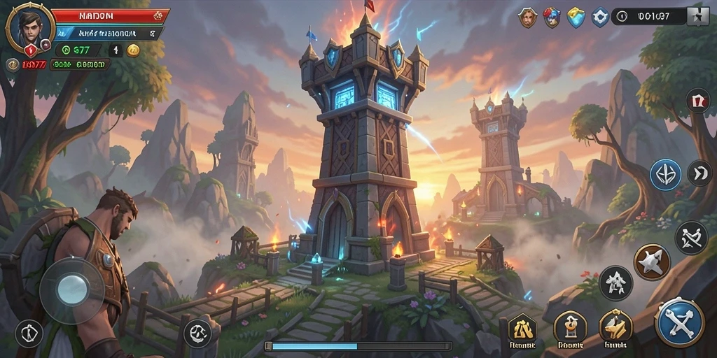 Tangkapan layar dari gameplay GOD77 yang menunjukkan menara pertahanan yang kuat.
