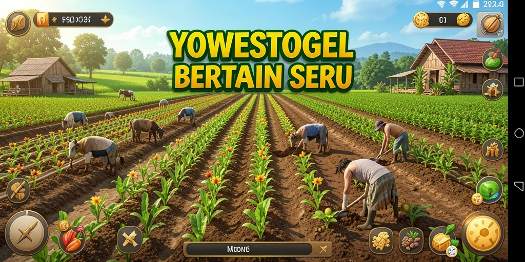 Gameplay seru YOWESTOGEL menampilkan ladang yang subur dan tanaman yang berkembang.